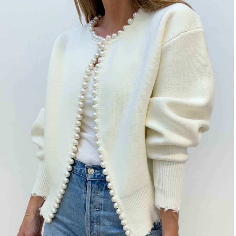 Commense - Pearl Trim Ripped Hem Cardigan - White